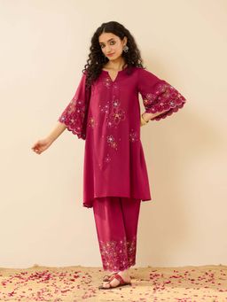 Rustorange - Pihu Festive Embroidered Modal Maroon Co-Ord Set