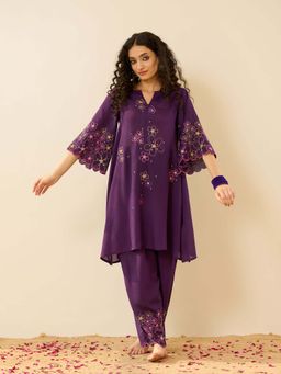 Rustorange - Pihu Festive Embroidered Modal Purple Co-Ord Set