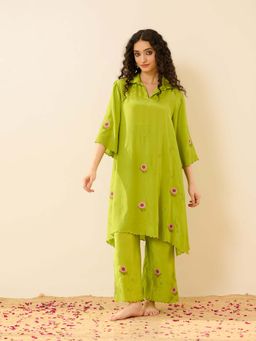 Rustorange - Suraj Mukhi Festive Embroidered Shantoon Green Co-Ord Set