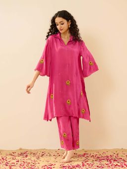 Rustorange - Suraj Mukhi Festive Embroidered Shantoon Pink Co-Ord Set