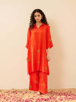 Rustorange - Suraj Mukhi Festive Embroidered Shantoon Orange Co-Ord Set