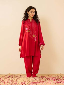 Rustorange - Sindoori Festive Embroidered Shantoon Red Co-Ord Set