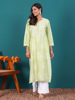Chowkhat - Handloom Chikankari Chanderi Straight Green Kurta
