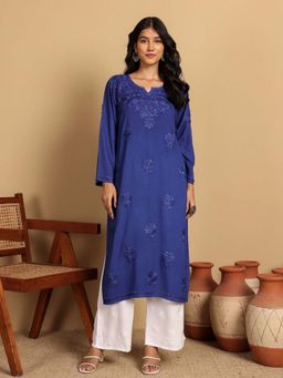 Chowkhat - Handloom Chikankari Rayon Straight Dark Blue Kurta