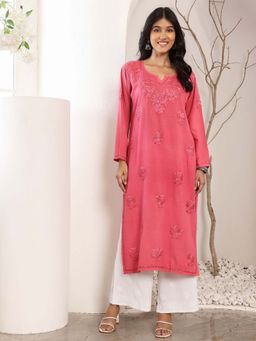 Chowkhat - Handloom Chikankari Rayon Straight Pink Kurta