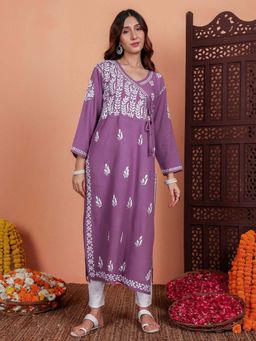 Chowkhat - Handloom Chikankari Rayon Straight Purple Angrakha Kurta