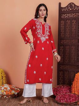 Chowkhat - Handloom Chikankari Modal Straight Red Kurta