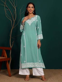 Chowkhat - Handloom Chikankari Rayon Straight Green Kurta