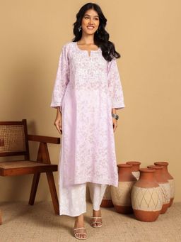 Chowkhat - Handloom Chikankari Brasso Cotton Straight Lavender Kurta