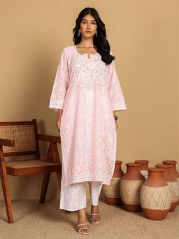 Chowkhat - Handloom Chikankari Brasso Cotton Straight Pink Kurta