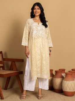 Chowkhat - Handloom Chikankari Brasso Cotton Straight Yellow Kurta