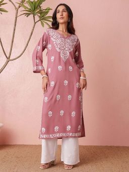 Chowkhat - Handloom Chikankari Rayon Straight pink Kurta