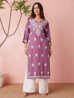 Chowkhat - Handloom Chikankari Rayon Straight Purple Kurta