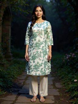 Rangita - Women Green Cotton Printed Straight Knee Length Kurta
