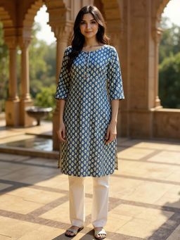 Rangita - Women Blue Rayon Printed Straight Knee Length Kurta