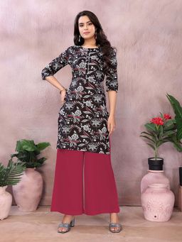 Rangita - Women Black Cotton Printed Straight Knee Length Kurta