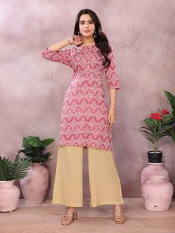 Rangita - Women Peach Rayon Printed Straight Knee Length Kurta
