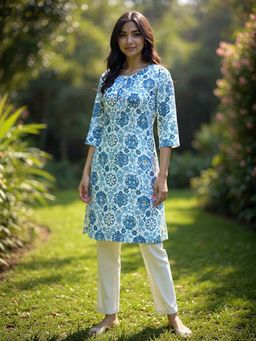 Rangita - Women Blue Rayon Printed Straight Knee Length Kurta