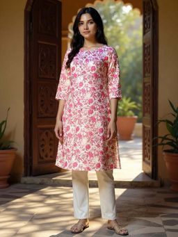 Rangita - Women Pink Cotton Printed Straight Knee Length Kurta