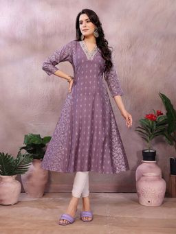 Rangita - Women Purple Viscose Poly Printed Flared Calf Length Anarkali Kurta