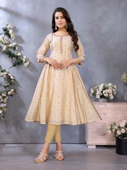 Rangita - Women Off White Viscose Poly Printed Flared Calf Length Anarkali Kurta