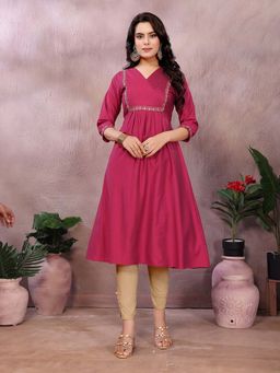 Rangita - Women Red Viscose Poly Embroidered Flared Calf Length Anarkali Kurta