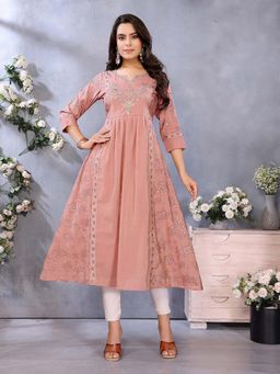 Rangita - Women Peach Viscose Poly Printed Anarkali Calf Length Kurta