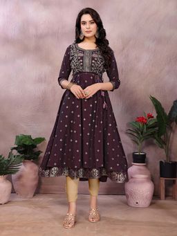 Rangita - Women Wine Viscose Poly Printed Anarkali Calf Length Kurta With Belt