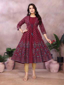 Rangita - Women Maroon Viscose Poly Printed Anarkali Calf Length Kurta
