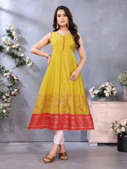 Rangita - Women Mustard Viscose Poly Printed Calf Length Anarkali Kurta