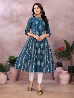 Rangita - Women Teal Viscose Poly Printed Flared Calf Length Kurta