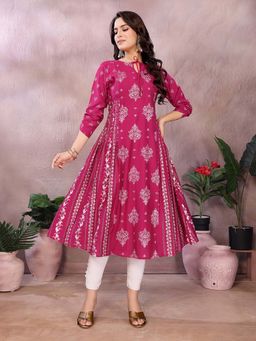 Rangita - Women Magenta Viscose Poly Printed Flared Calf Length Anarkali Kurta