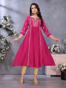 Rangita - Women Pink Viscose Poly Printed Flared Calf Length Anarkali Kurta