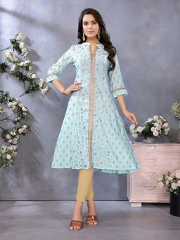 Rangita - Women Blue Viscose Poly Printed A-Line Calf Length Anarkali Kurta