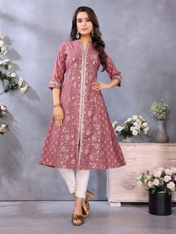 Rangita - Women Mauve Viscose Poly Printed A-Line Calf Length Anarkali Kurta