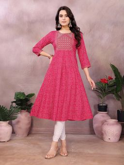 Rangita - Women Pink Rayon Printed Flared Calf Length Anarkali Kurta