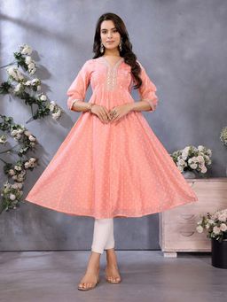 Rangita - Women Peach Chanderi Printed Flared Calf Length Anarkali Kurta