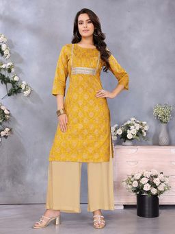 Rangita - Women Mustard Cotton Printed Straight Knee Length Kurta