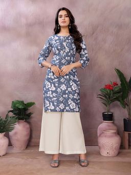 Rangita - Women Grey Cotton Printed Straight Knee Length Kurta