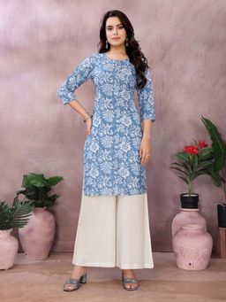 Rangita - Women Blue Cotton Printed Straight Knee Length Kurta