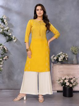 Rangita - Women Yellow Rayon Printed Straight Knee Length Kurta