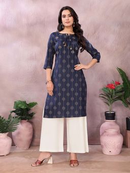 Rangita - Women Blue Cotton Printed Straight Knee Length Kurta