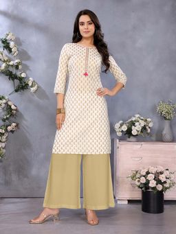 Rangita - Women Beige Cotton Printed Straight Knee Length Kurta