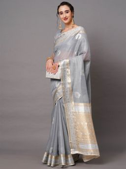 Odette - Grey Festive Silk Blend Woven Design Saree with Unstitched Blouse