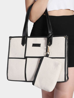 MINI WESST - Women's White Canvas Tote Bag with Black Trim and Matching Pouch (Set of 2)