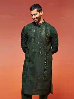 Vastramay - Men Bottle Green Silk Blend Kurta