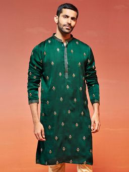 Vastramay - Men Bottle Green Silk Blend Kurta