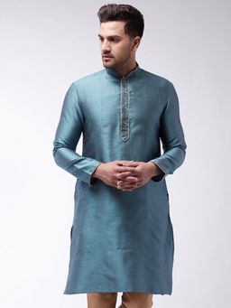 Vastramay - Men Aqua and Rose Gold Silk Blend Kurta