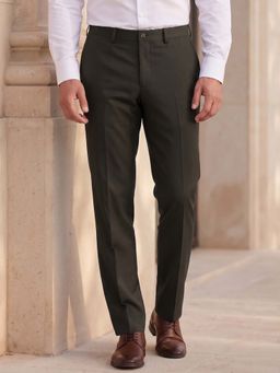 Louis Philippe - Men Brown Textured Flat Front Formal Trousers
