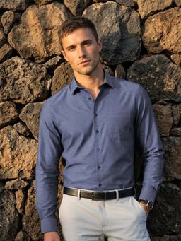 Louis Philippe - Mens Blue Solid Easy to Iron Cotton Slim fit Formal Shirt